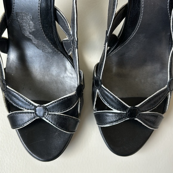 Black Leather Floral Cutout Open Toe Slingback Shoed - Picture 5 of 9